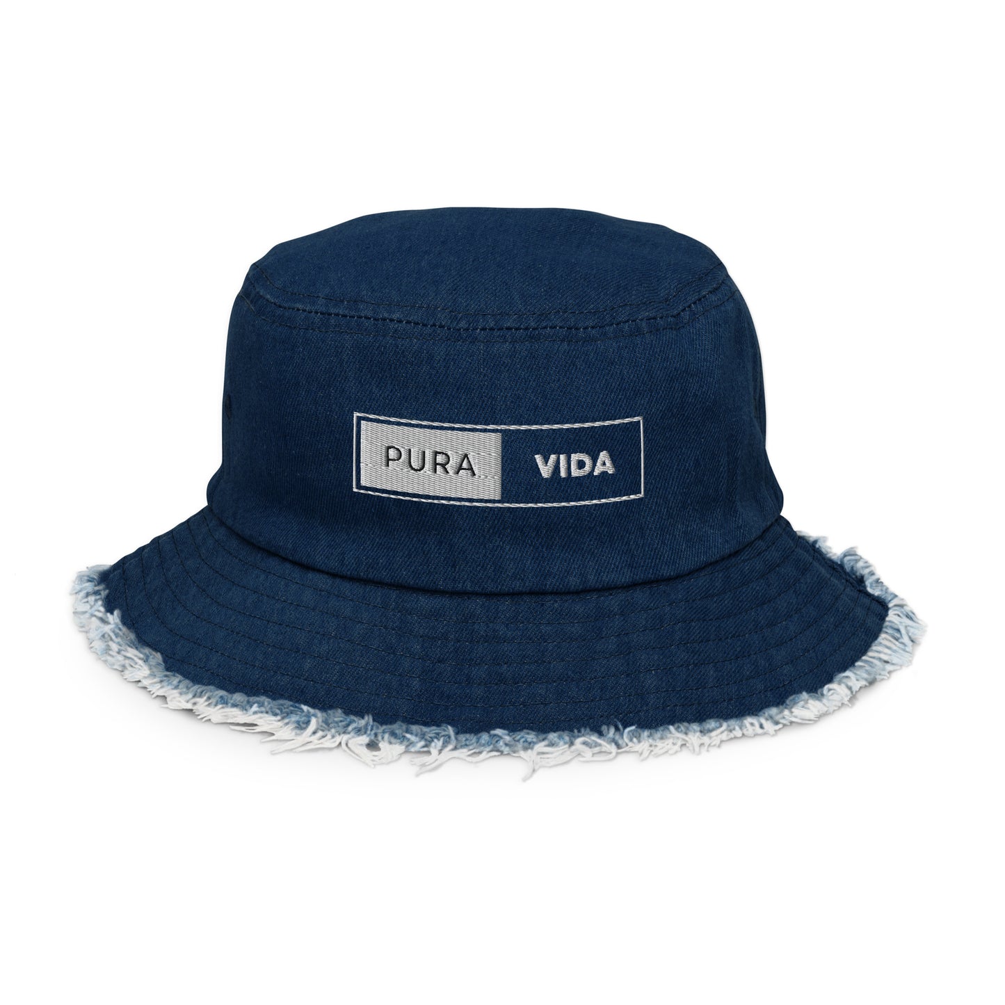 Pura Vida Hand Embroidered Distressed Denim Bucket Hat