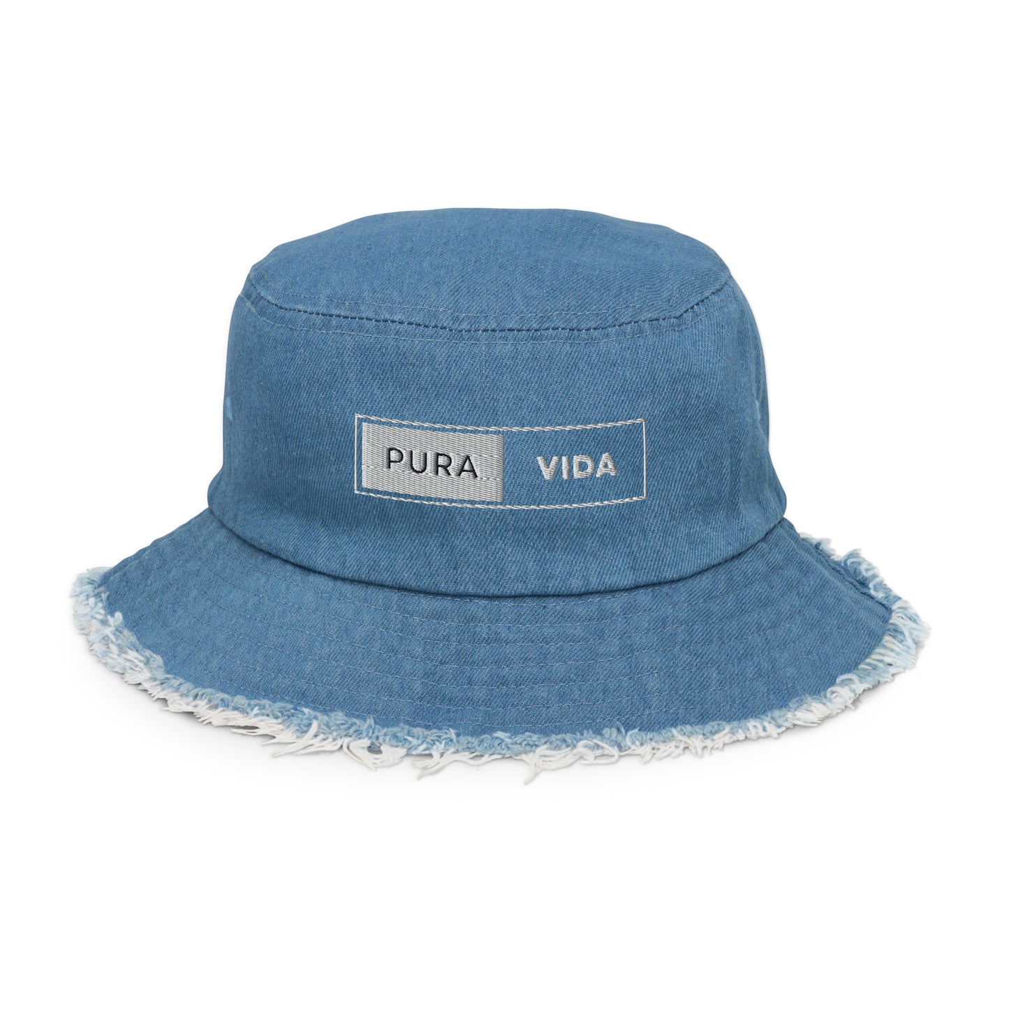 Pura Vida Hand Embroidered Distressed Denim Bucket Hat