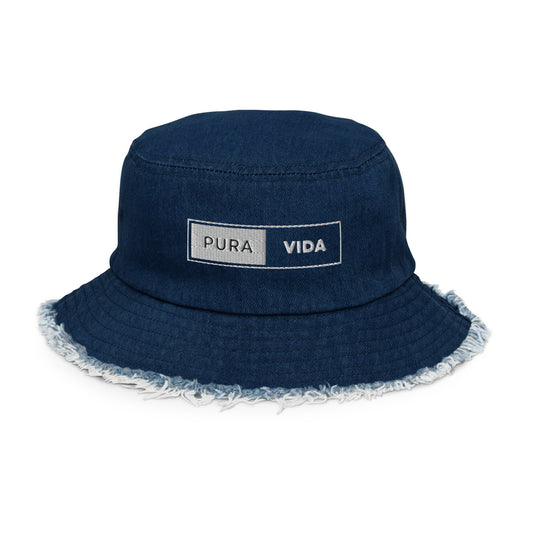 Pura Vida Hand Embroidered Distressed Denim Bucket Hat